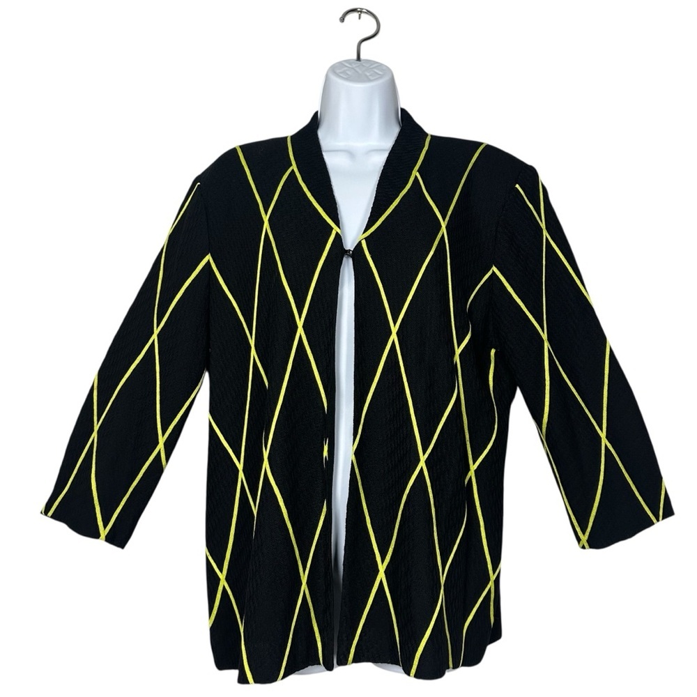 Misook XL Black Yellow Geometric Knit Open Front Clip Cardigan Jacket 3/4 Sleeve - Picture 11 of 11